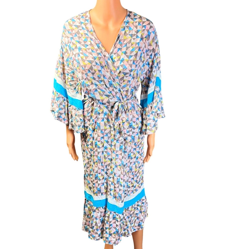 Room Service Kimono Multi Geometric Print Wrap Robe Bell Sleeve S/M Lightweight